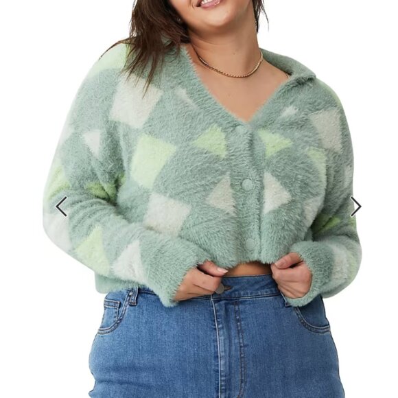 Cotton:On Fluffy Knit Argyle Cropped Cardigan in Green XS - Picture 2 of 14